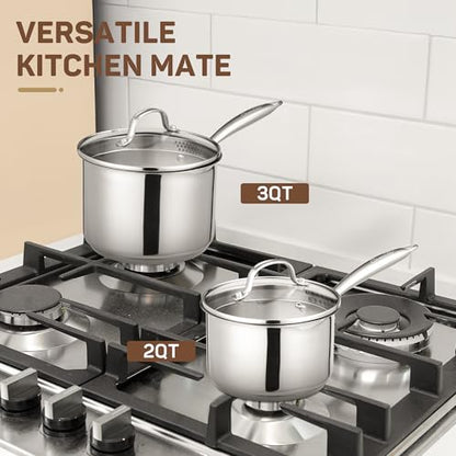Ciwete 2 Qt Stainless Steel Saucepan with Glass Strainer Lid, 2 Quart Pot Stainless Steel Sauce Pan with Pour Spout, Mirror Polishing, Compatible with All Cooktops Dishwasher Safe Oven Safe