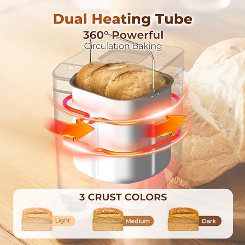 Rosewill 25-in-1 Automatic Bread Maker Machine with 3 Loaf Size up to 2 Lb, 700W High Power Dual Heater Bread Maker with BPA-free Nonstick Coating Pan, Max 15 Hours Delay Timer, Low Noise - Silver