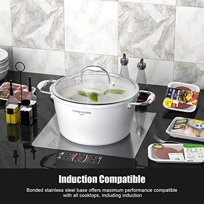COOKSMARK Nonstick Ceramic Cookware Set, Induction & Dishwasher Safe Scratch-Resistant Pots and Pans Set with Glass Lids 10 Pieces, White