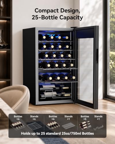Feelfunn 25 bottle Wine Cooler Refrigerator,Freestanding Wine Fridge,Black
