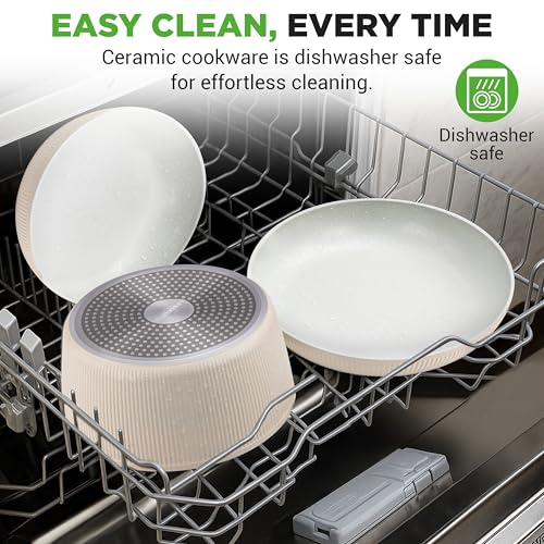 NutriChef 18-Piece Ceramic Cookware Set with Detachable Handles, Space-Saving Nonstick Pots, Pans & Lids, Oven-Safe Bowls, Stackable Storage, Includes Cooking Utensils & Accessories (Cream)