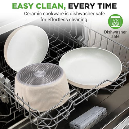 NutriChef 18-Piece Ceramic Cookware Set with Detachable Handles, Space-Saving Nonstick Pots, Pans & Lids, Oven-Safe Bowls, Stackable Storage, Includes Cooking Utensils & Accessories (Cream)
