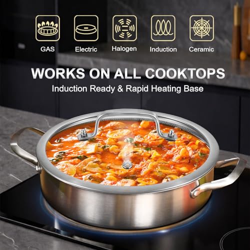 Inqibee 5 QT Hybrid Nonstick Saute Pan with Lid, Tri-Ply Stainless Steel 12 Inch Deep Frying Pan Cookware, PFOA & PFOS Free, Induction Compatible, All Cooktops, Oven & Dishwasher Safe