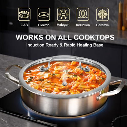 Inqibee 5 QT Hybrid Nonstick Saute Pan with Lid, Tri-Ply Stainless Steel 12 Inch Deep Frying Pan Cookware, PFOA & PFOS Free, Induction Compatible, All Cooktops, Oven & Dishwasher Safe