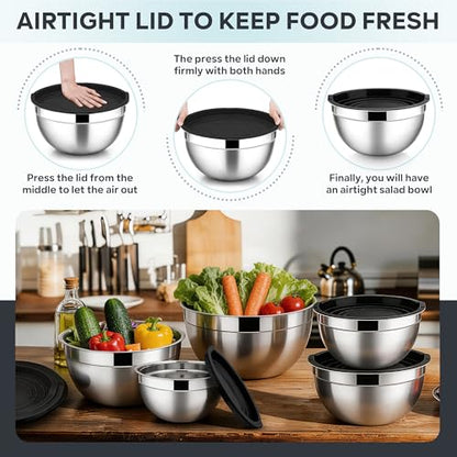 E-far Mixing Bowls With Lids Sets of 5, 10-Piece Stainless Steel Salad Metal Nesting Bowl for Baking Cooking and Prepping, Airtight Lid & Stackable Design, Size 4.6, 3, 2.1, 1.5, 0.7 QT, Black