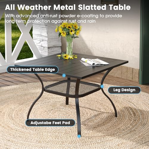 DIFY 5 Pieces Outdoor Dining Table Chair Set, Patio Dining Set with 1 Black Square Curved Legs Table with and Umbrella Hole & 4 Blue Stackable with Armrests Chairs for Lawn, Garden, Porch