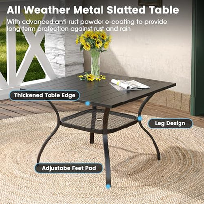 DIFY 5 Pieces Outdoor Dining Table Chair Set, Patio Dining Set with 1 Black Square Curved Legs Table with and Umbrella Hole & 4 Blue Stackable with Armrests Chairs for Lawn, Garden, Porch