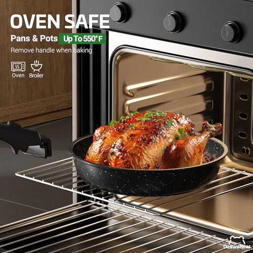OzawaBear 26 Pcs Pots and Pans Set Non Stick, Ceramic Cookware Set Non Toxic with Detachable Handles, Healthy Induction Cookware Oven Safe RV Kitchen Set, PFAS PFOA & PTFE Free, Black