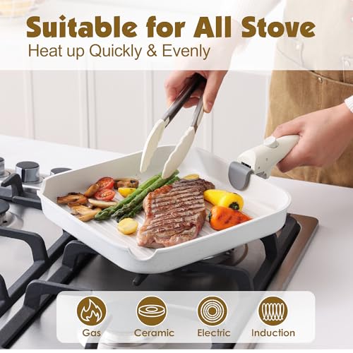 SENSARTE 17 Piece Pots and Pans Set, Nonstick Detachable Handle Cookware Set, Induction Kitchen Cookware Set with Removable Handle, Healthy Non Stick for RV, Dishwasher ＆ Oven Safe, PFOA Free (White)