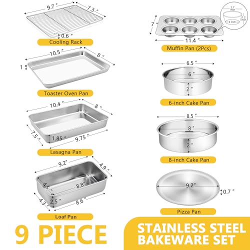 9 Pcs Bakeware Set, P&P CHEF Stainless Steel Kitchen Bakeware Pans, Including Toaster Oven Pan/Cooling Rack/Lasagna Pan/Round Cake Pans/Muffin/Loaf/Pizza Pan, Healthy & Durable, Dishwasher Safe