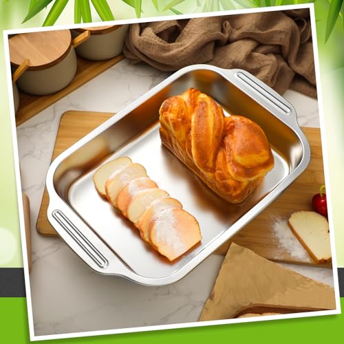 Funnymoom 2 Pcs Stainless Steel Cake Pan 15 x 10 Inch Baking Pan with Handle Rectangle Baking Bakeware for Fish Cakes Breads Casseroles Vegetables Dishwasher Safe
