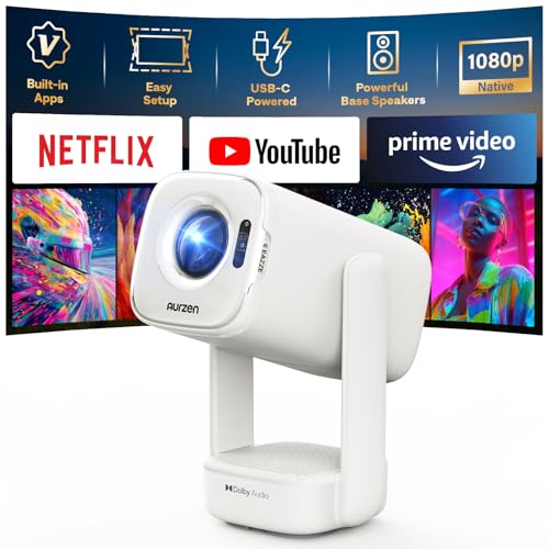 Aurzen D1 air Smart Portable Projector with WiFi and Bluetooth, USB-C Powered, Easy Auto Setup, 16W Dolby Audio, Built-in Apps, Native 1080P HDR10, Outdoor Movie Projector 4K Supported, White