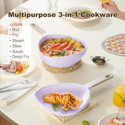 Multi-Purpose 3-in-1 Ceramic Saucepan with Skillet Lid & Steamer, 3QT Nonstick Sauce Pan Features Dual Strainers, Space-Saving Nesting, All Stove & Dishwasher Safe