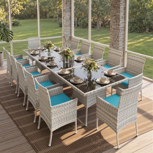 15-Piece Patio Dining Set, 3 Tempered Glass Tables & 12 Wicker Chairs