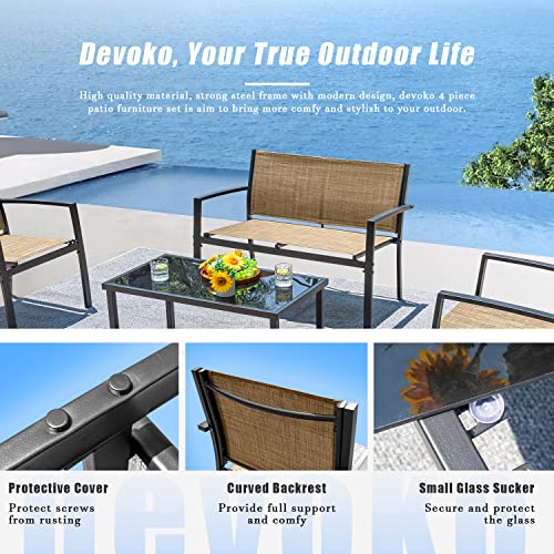 Devoko 4 Pieces Patio Furniture Set Outdoor Garden Patio Conversation Sets Poolside Lawn Chairs with Glass Coffee Table Porch Furniture (Yellow)