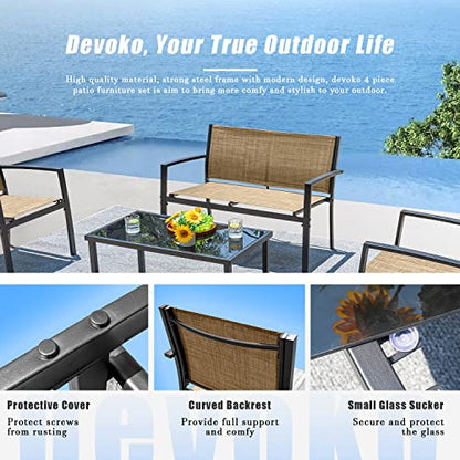 Devoko 4 Pieces Patio Furniture Set Outdoor Garden Patio Conversation Sets Poolside Lawn Chairs with Glass Coffee Table Porch Furniture (Yellow)