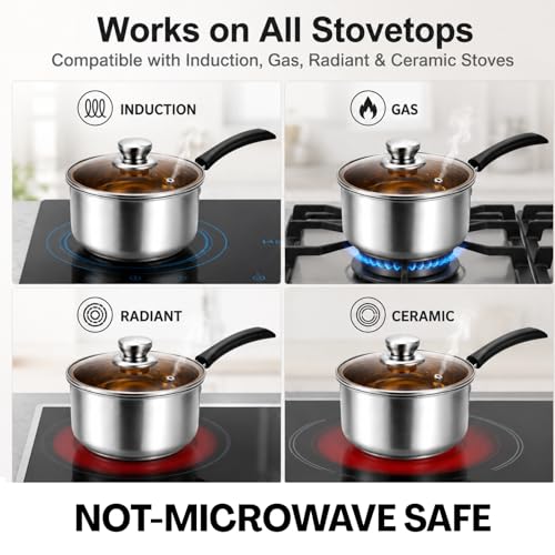 ZENFUN 2 Quart Saucepan, Stainless Steel Sauce Pan with Visible Glass Lid&Stay Cool Handle, Small Sauce Pot for Kitchen, Saucier Pan, Induction Pot for Cooking, Dishwasher Safe(PFOA PTFE PFAS Free)