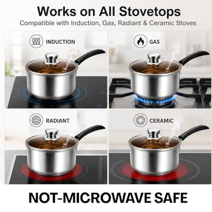 ZENFUN 2 Quart Saucepan, Stainless Steel Sauce Pan with Visible Glass Lid&Stay Cool Handle, Small Sauce Pot for Kitchen, Saucier Pan, Induction Pot for Cooking, Dishwasher Safe(PFOA PTFE PFAS Free)