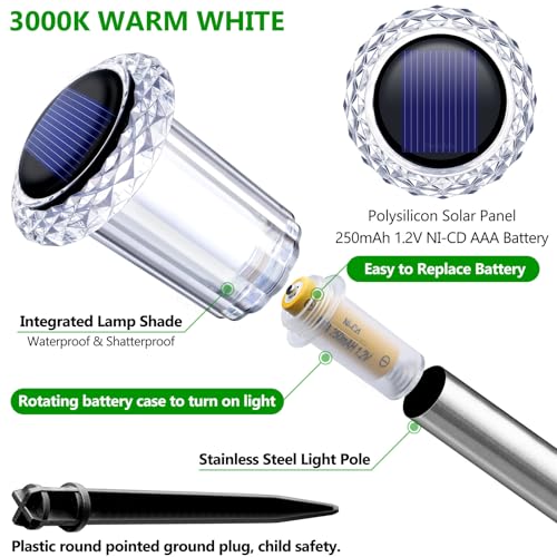 DenicMic Solar Lights Outdoor 10 Pack Waterproof 3000K Warm White LED Stainless Steel Stake Outside Lights for Yard Pathway Garden Driveway Walkway Landscape Path Lighting