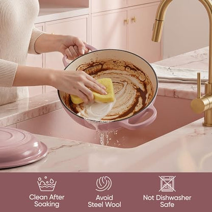 Vintage Style 3 Quart Enameled Cast Iron Braiser, Non Stick Enameled Cast Iron Skillet with Lid, Dutch Oven Skillet with lid up to 500°F for Oven, Stove, Grill, Shallow Dutch Oven for Cook, Bake (Pink)