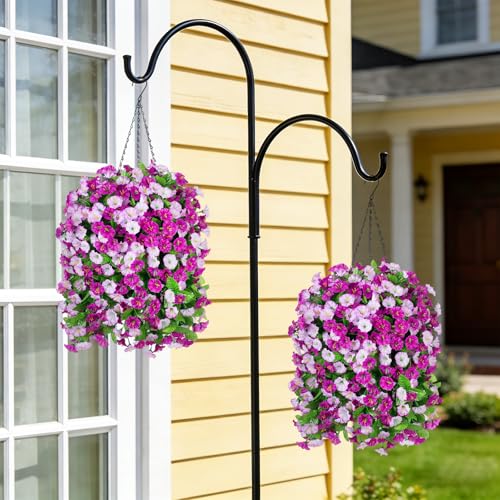 INXUGAO Artificial Flowers with Hanging Basket, Outdoor Faux Plants Silk Morning Glory Vines, Fake Green Arrangement for Garden Patio Spring Summer Decor(4pcs,Darkorchid)