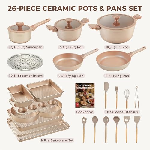 HONGBAKE Pots and Pans Set Nonstick, 26 Pcs All-in-One Kitchen Starter Set with Cookware, Bakeware & Silicone Utensils, Non Toxic Ceramic Coating, Induction & Oven Safe, PFOA PFOS Free, Gold
