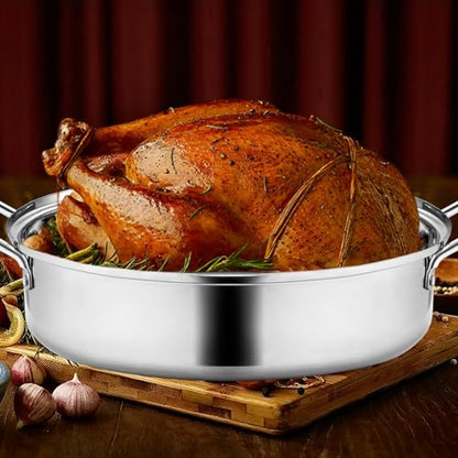 RIDGEPOLE 22” Large Roasting Pan with Rack and Lid, Stainless Steel Oval Roaster Pan, Nonstick Roasting Pan for Oven, Multi-Use Cookware for Turkey, Chicken, Gifts for Mom, Wife.(Sliver)