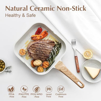 SENSARTE Nonstick Ceramic Grill Pan for Stove Tops, Versatile Square Grilling Pan with Pour Spouts, Durable Grill Skillet for All Stoves (Gas, Electric, Induction) Non-toxic PTFE/PFAS/PFOA Free