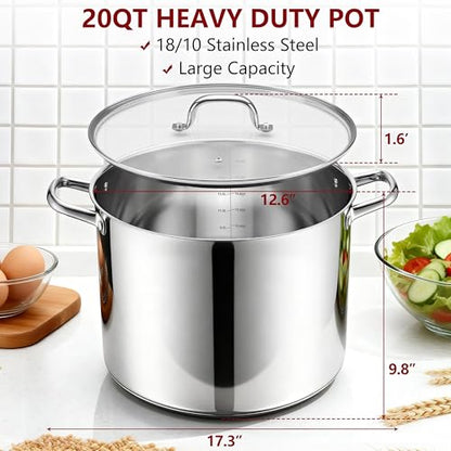 Herogo 20-Quart 18/10 Stainless Steel Stock Pot with Lid, Large Heavy Duty Soup Pot Compatible with Electric, Gas, Induction and Gas Cooktops, Non-Toxic & Corrosion Resistant, Dishwasher Safe