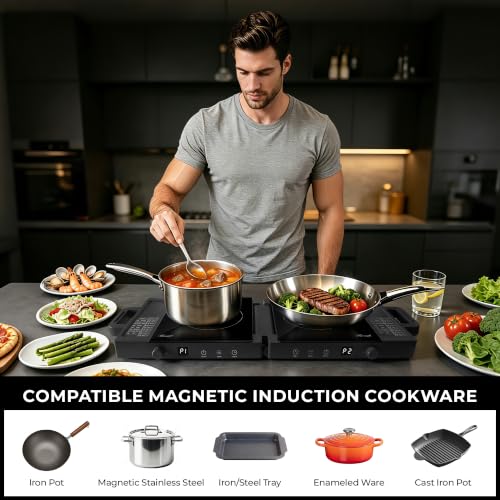 Rosewill Foldable Dual Induction Cooktop Burner, 1800W Portable Double Burner with 8 Cooking Modes & 9-Hour Timer, Auto Shutoff, Electric Stove for Home, Dorms, RVs, Small Kitchen - Black