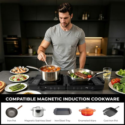 Rosewill Foldable Dual Induction Cooktop Burner, 1800W Portable Double Burner with 8 Cooking Modes & 9-Hour Timer, Auto Shutoff, Electric Stove for Home, Dorms, RVs, Small Kitchen - Black