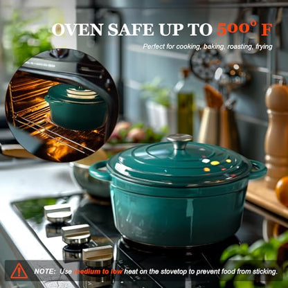 Overmont Enameled Cast Iron Dutch Oven - 7QT Pot with Lid Cookbook & Cotton Potholders - Heavy-Duty Cookware for Braising, Stews, Roasting, Sourdough Baking bottle green