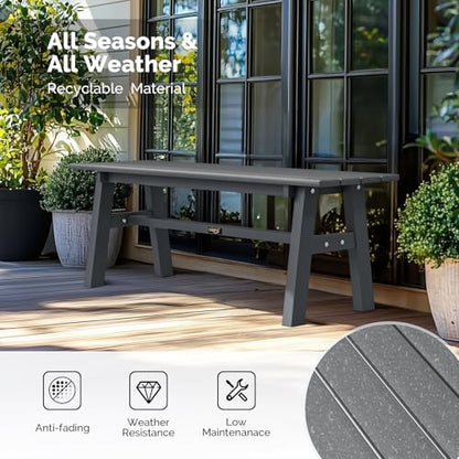 VINGLI 47” Outdoor Bench Garden Bench HDPE Porch Bench w/Metal Legs, Poly Lumber Patio Bench, 660 LBS Capacity Outdoor Backless Bench(Grey)