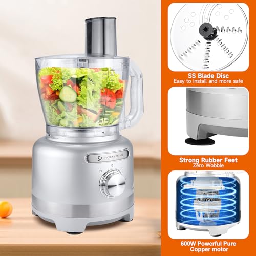 Homtone 16 Cups Food Processor, Large Food Chopper with French Fry Cutter, 9 Functions 7 Blades for Shredding, Slicing, Doughing for Home Use, 3 Speeds, 600W