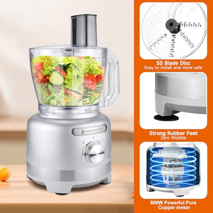 Homtone 16 Cups Food Processor, Large Food Chopper with French Fry Cutter, 9 Functions 7 Blades for Shredding, Slicing, Doughing for Home Use, 3 Speeds, 600W