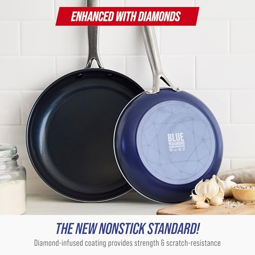 Blue Diamond 9.5” and 11" Frying Pan Skillet Set, Diamond Infused PFAS & PFOA-Free Ceramic Nonstick Pots & Pans, Durable Non Toxic Metal Utensil Safe & Scratch Resistant, Dishwasher & Oven Safe, Blue