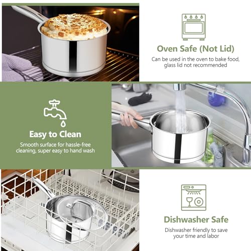 TeamFar 2 qt Saucepan with Lid, Stainless Steel Small Sauce Milk Pan with Tri-ply Bottom for Induction/Gas/Electric/Ceramic, Healthy & Heavy Duty, Mirror Finish & Straight Side, Dishwasher Safe