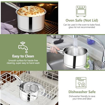 TeamFar 2 qt Saucepan with Lid, Stainless Steel Small Sauce Milk Pan with Tri-ply Bottom for Induction/Gas/Electric/Ceramic, Healthy & Heavy Duty, Mirror Finish & Straight Side, Dishwasher Safe