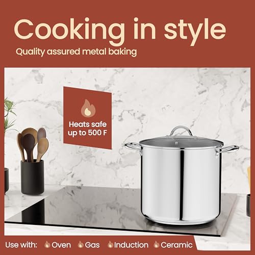 Stainless Steel Stockpot with Tempered Glass Lid 20 Quart, Durable 18/0 Stainless Steel, Impact-Bonded Base for Even Heating, Riveted Handles, Oven & All Stove Compatible, Safe Up To 500°F (260°C)