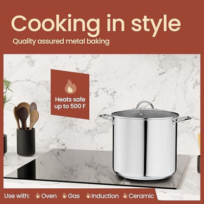 Stainless Steel Stockpot with Tempered Glass Lid 19 Quart, Durable 18/0 Stainless Steel, Impact-Bonded Base for Even Heating, Riveted Handles, Oven & All Stove Compatible, Safe Up To 500°F (260°C)