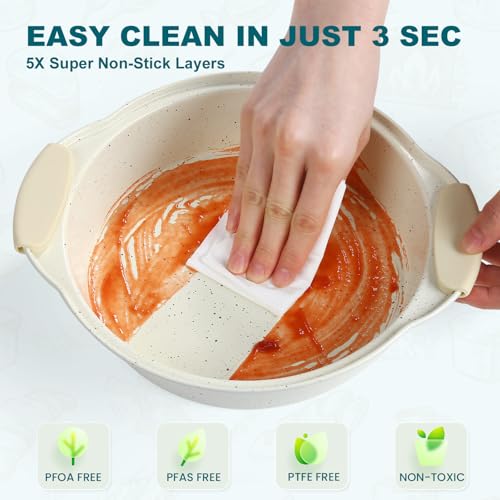 BakerChef 10-Piece Nonstick Baking Pans Set, Stackable Non-Toxic Bakeware Sets with Silicone Handle, Oven Pan Set for Cooking, Includes Easy Release Cookie Sheet, Roasting Pan, Muffin Tin (Cream)