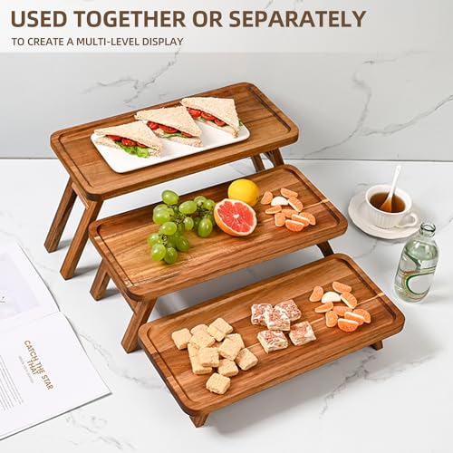 GEHE 3 Tier Serving Tray Acacia Wooden Tiered Tray Stand Foldable Dessert Table Display Set Decor Charcuterie Boards for Party, Birthday, Wedding, Christmas