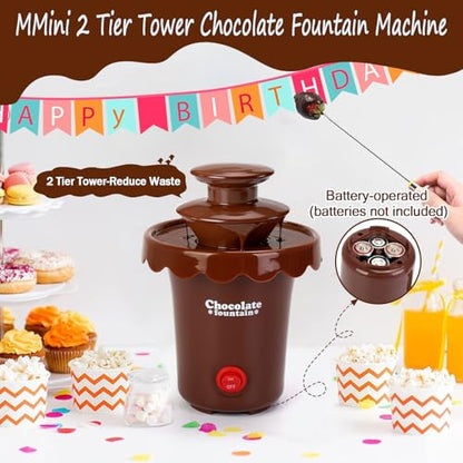Yummy Sam 6oz Mini Chocolate Fountain Machine, 2 Tier Tower Plastic Cheese Electric Fountain BPA Free, Chocolate Melt Machine, for 2-3 People, Parties, 200ml Capacity with 10 Plastic Forks