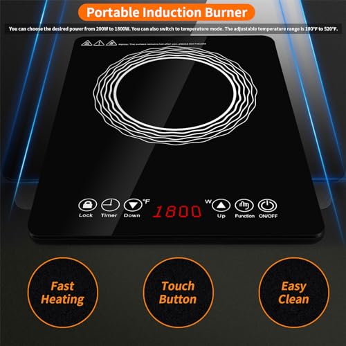 Portable Induction Burner, 1500W Electric Induction Countertop Burner with Touch Panel, Power & Temp Adjustable, Hot Plate Cooker with 3-Hour Timer