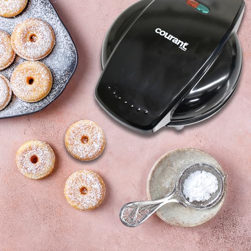 Courant Mini Donut Maker Machine for Holiday, Kid-Friendly, Breakfast or Snack, Desserts & More with Non-stick Surface, Makes 7 Doughnuts, Red