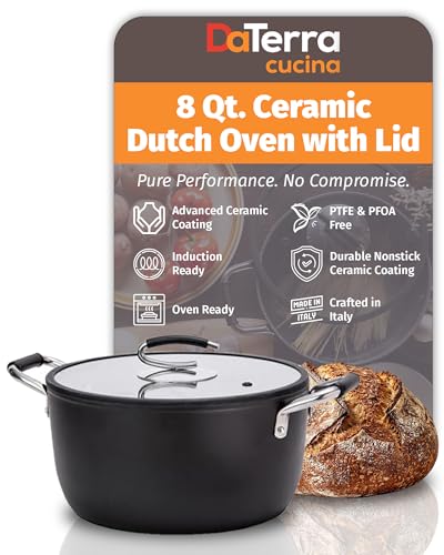 DaTerra Cucina – 8 Qt Nonstick Ceramic Dutch Oven with Lid – Large Oven Safe Stock Pot, Induction Compatible, Lightweight, Lead & PFOA Free, Volcanic Black, Durable Nonstick Cookware – Made in Italy