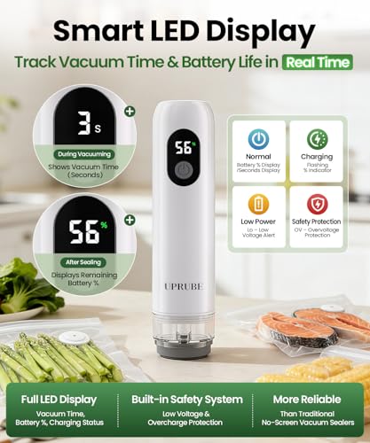 UPRUBE Compact Vacuum Sealer for Food (Vacuum Sealer Machine + 30 Reusable Vacuum Bags), Powerful Handheld Food Vacuum Sealer Machine with LED Display & Liquid Drainage Tube, Portable Food Sealer