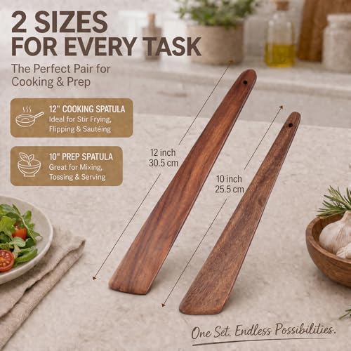 ZenyLumi Wooden Spatula Set of 2, Acacia Wood Cooking Utensils with Thin Angled Edge, Nonstick Safe Wood Turner, Lightweight Kitchen Spatula 10" & 12" for Flipping, Stir Fry, Mixing