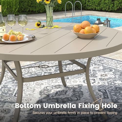 VICLLAX 11 Pieces Patio Outdoor Dining Set, 63" Round Metal Table with Umbrella Hole and 10 Stackable Textilene Chairs for Patio, Lawn, Garden, Porch, Sandshell