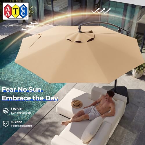 HOMSHADE 10ft Offset Patio Umbrella with Base Included, Cantilever Offset Hanging Patio Outdoor Market Umbrella UPF50+ UV Protection with Easy Tilt and Crank for Pool Deck and Garden(Beige)